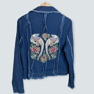 Daniel K Womens Jacket Size M Blue Denim Peacock and Peonies Embroidered